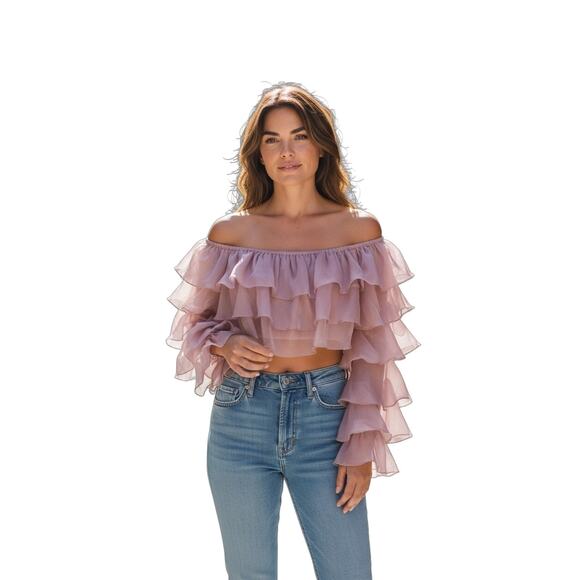 Forever 21 Dusty Rose Chiffon Ruffle Off Shoulder Crop Top Blouse Medium - Picture 9 of 9